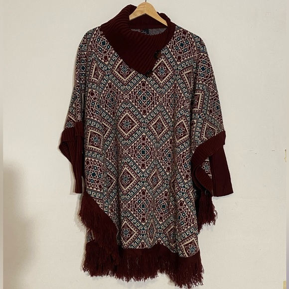 Arian & Shine Soft Wool Mock Neck Boho Poncho With Fringe - Picture 1 of 11